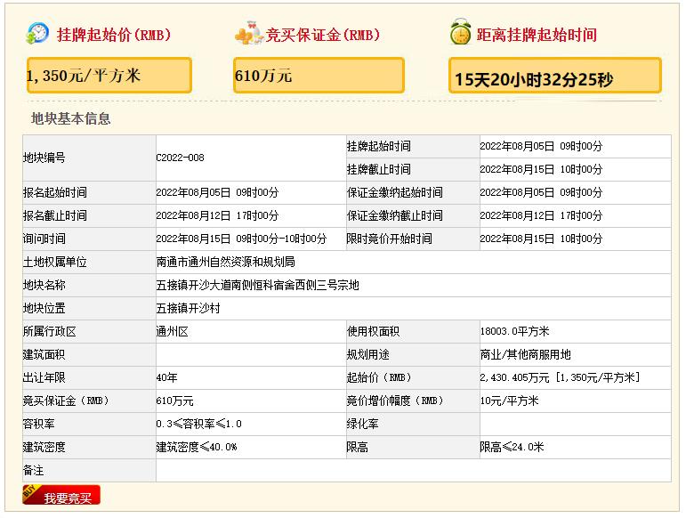 五接镇开沙村国有建设用地使用权挂牌出让公告(通土告字[2022]第5号)